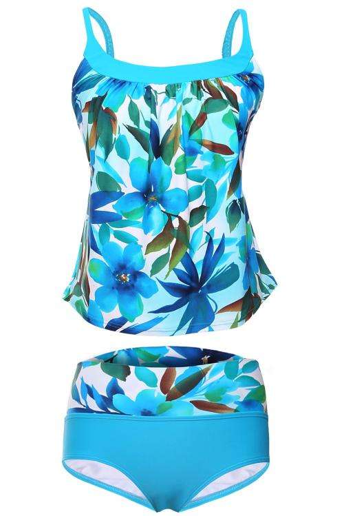 Bluish Floral Print 2pcs Tankini Swimsuit - Size : XXXL
