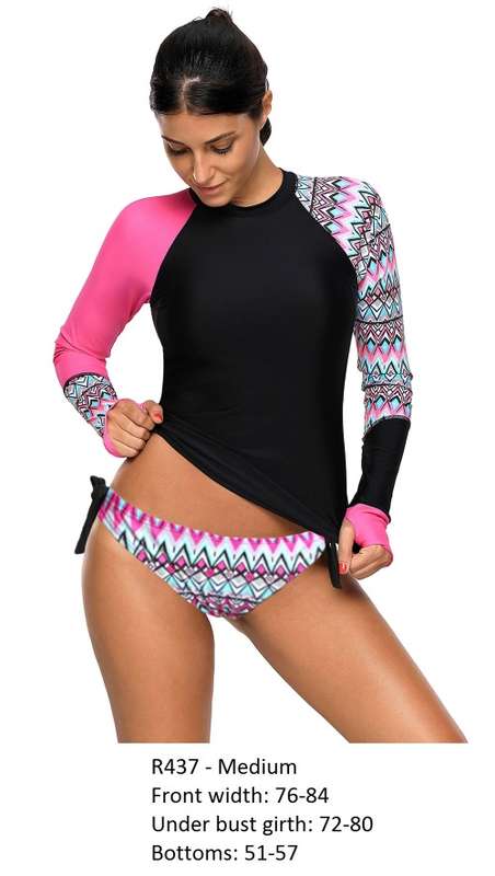 Contrast Rosy Detail Long Sleeve Tankini Swimsuit - Size : Medium