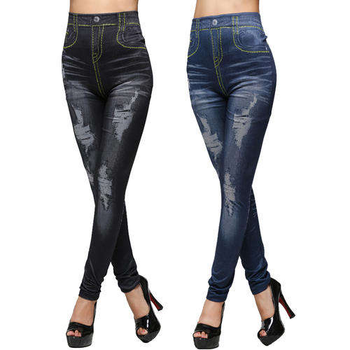 Close-fitting False Hole Imitation Jeans Leggings Black/Blue