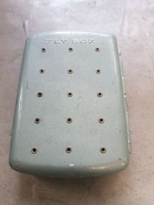Vintage Fly Fishing Box and Maxima Badge