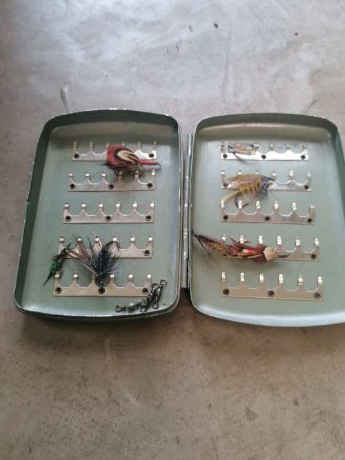 Vintage Fly Fishing Box and Maxima Badge