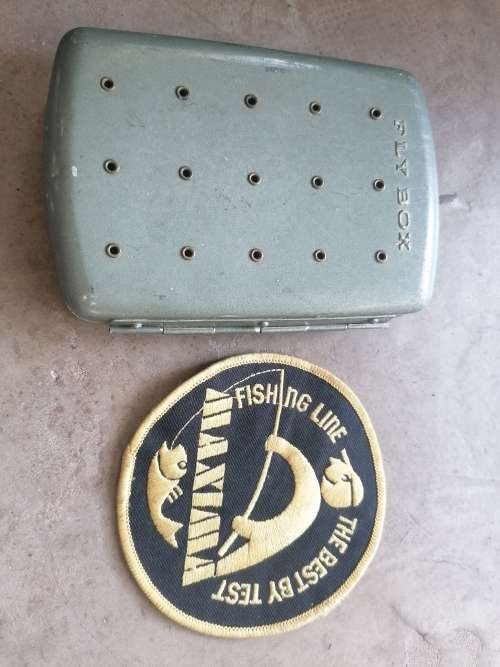 Vintage Fly Fishing Box and Maxima Badge
