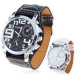TOGEX White Or Black Synthetic Leather Wide Band Quartz Watch With Sub-Dials Decor for Men