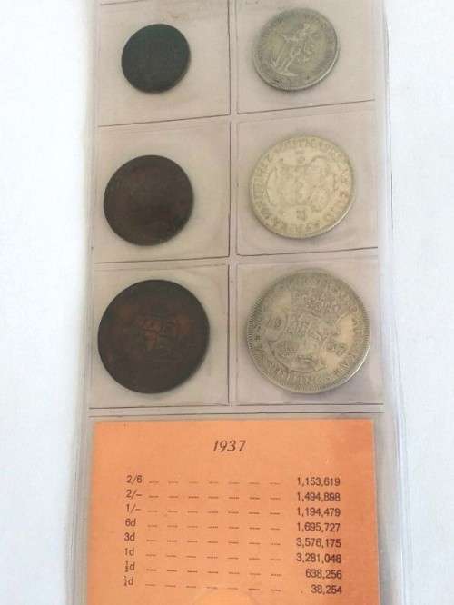 1937 Collection of Union of South Africa: incl SILVER HALF CROWN + TWO + ONE SHILLING