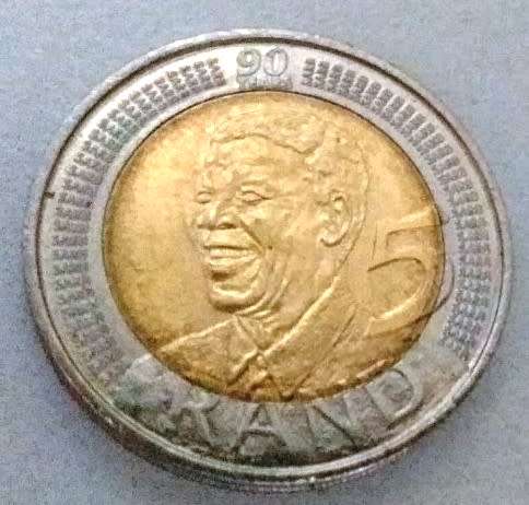 SMILEY MANDELA!!! (R5 coin) His 90 year Birthday Anniversary (2008) . Bid is per pair of two coins