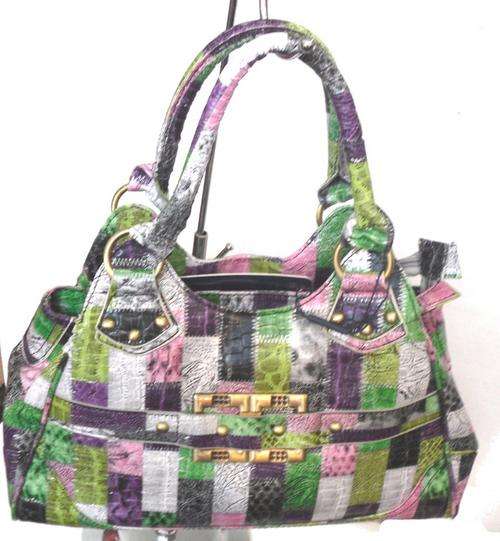 3 COMPARTMENT TRIPLE ZIPPER MULTI COLOUR HANDBAG - 35cm X 23cm - THE BLACKING WRITING IS IN VEL