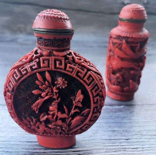 RARE ANTIQUE CHINESE RED CORAL HAND CARVED SNUFF BOTTLE X 2