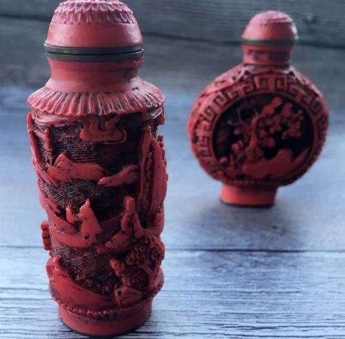 RARE ANTIQUE CHINESE RED CORAL HAND CARVED SNUFF BOTTLE X 2