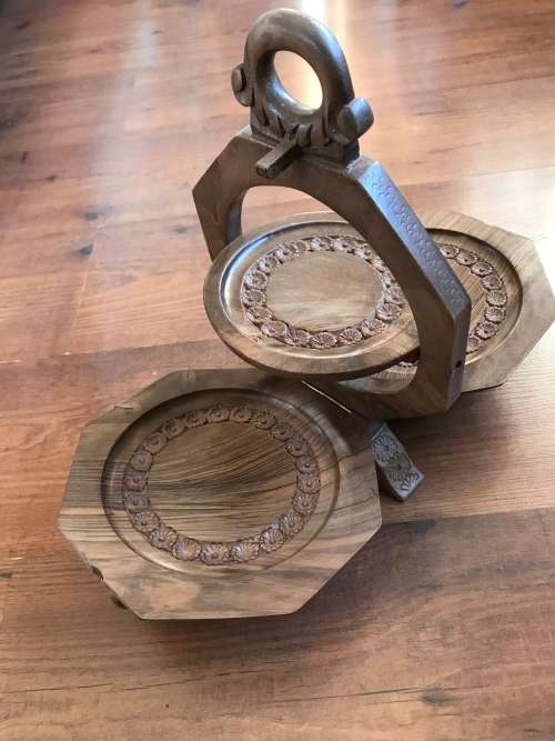 Antique Folding Carved Teak Wood Desert 3 Tray Server