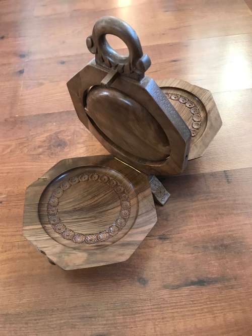 Antique Folding Carved Teak Wood Desert 3 Tray Server