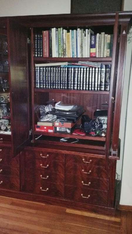 Solid Mahogany Display Unit. Retractable desk surfaces and doors. Could be white washed for kitchen