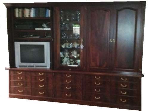 Solid Mahogany Display Unit. Retractable desk surfaces and doors. Could be white washed for kitchen