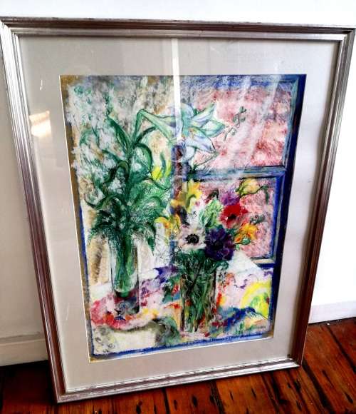 Beautiful floral Still life with window pastel signed H Gordon "88"(Framed - Silver gilt)