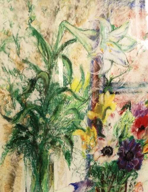 Beautiful floral Still life with window pastel signed H Gordon "88"(Framed - Silver gilt)