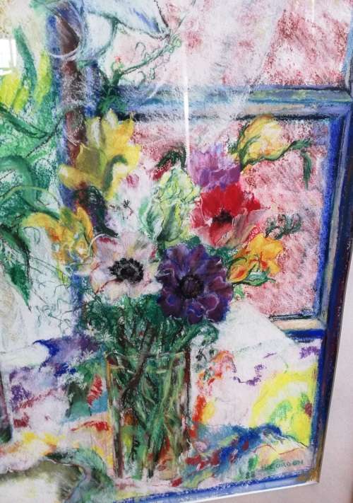 Beautiful floral Still life with window pastel signed H Gordon "88"(Framed - Silver gilt)