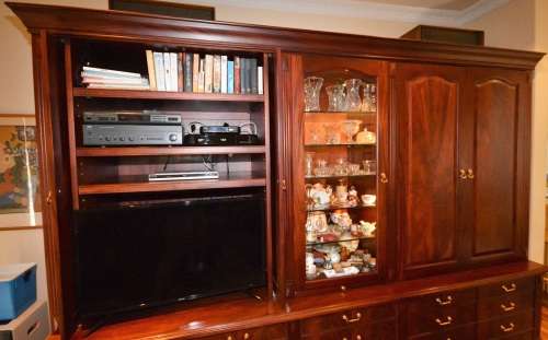 Solid Mahogany Display Unit. Retractable desk surfaces and doors. Could be white washed for kitchen