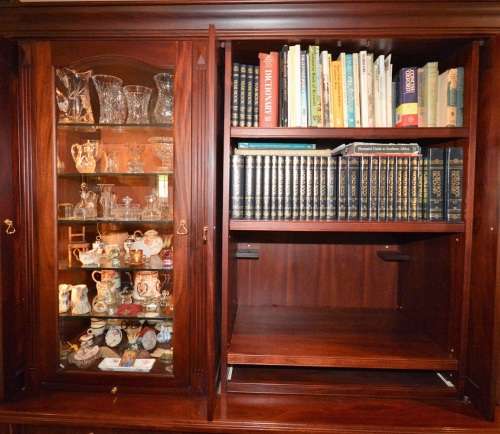 Solid Mahogany Display Unit. Retractable desk surfaces and doors. Could be white washed for kitchen