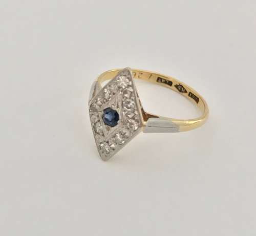 Art Deco 18ct Yellow Gold, Platinum, Sapphire and Diamond Ring with valuation cert. R 13 000.00
