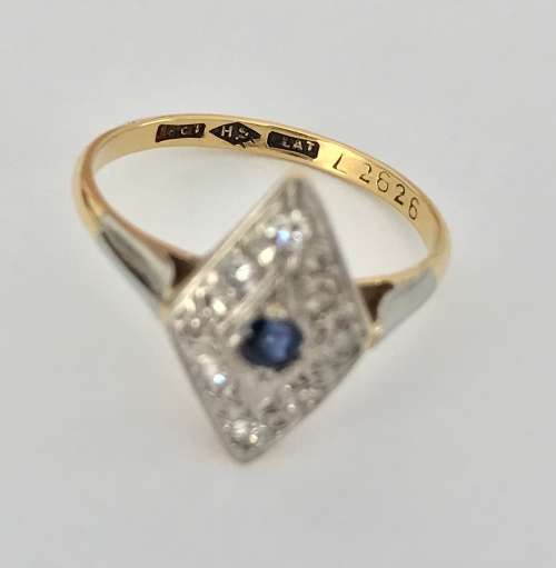 Art Deco 18ct Yellow Gold, Platinum, Sapphire and Diamond Ring with valuation cert. R 13 000.00