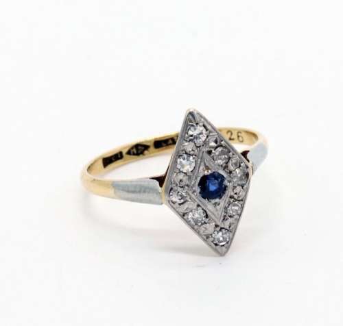 Art Deco 18ct Yellow Gold, Platinum, Sapphire and Diamond Ring with valuation cert. R 13 000.00