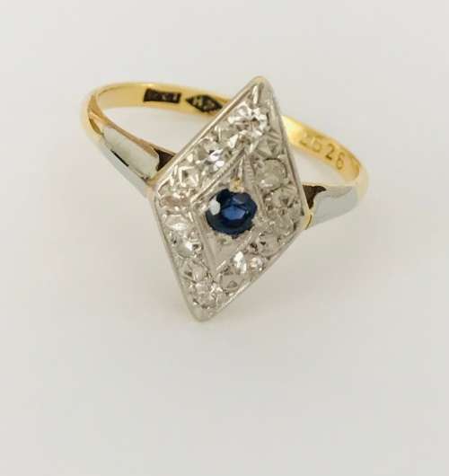 Art Deco 18ct Yellow Gold, Platinum, Sapphire and Diamond Ring with valuation cert. R 13 000.00