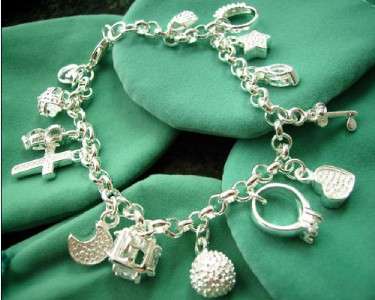 BEAUTIFUL 925 STERLING SILVER PLATED 13 CHARMS BRACELET