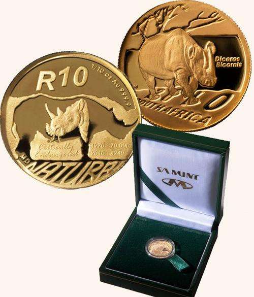 Black Rhino 2010 Natura 1/10 oz Gold Proof. With certificate and box from SA Mint