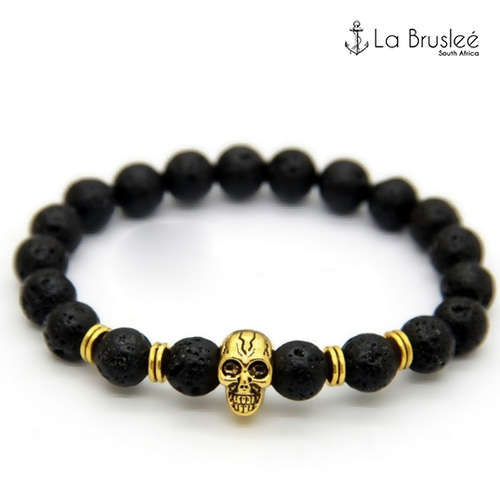 Gold Plated Skull Lava Stone Beaded Bracelet by La Bruslee'