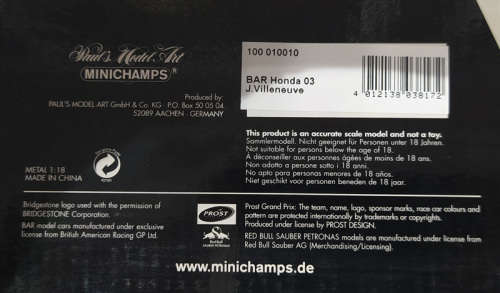 **RARE & AS NEW** 1/18 Minichamps BAR Honda 03 - Jacques Villeneuve