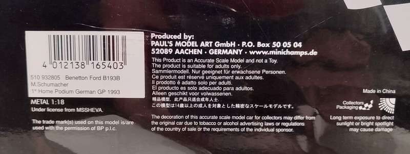 *RARE/NEW* 1/18 Minichamps Benetton Ford B193B Michael Schumacher 1st Home Podium German GP 1993 #5