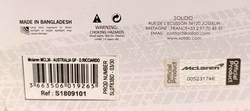 **NEW/BOXED** 1/18 Solido McLaren MCL36 Australia GP 2022 Daniel Ricciardo