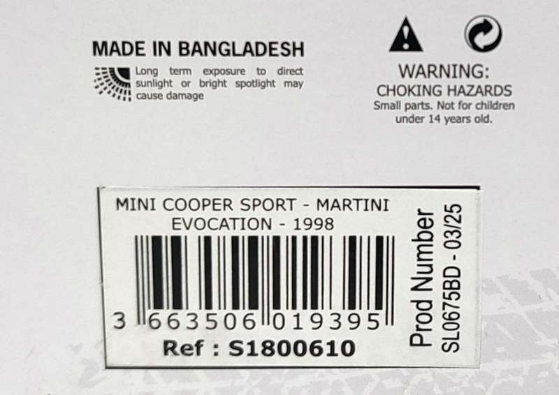 **NEW/BOXED** 1/18 Solido Mini Cooper Sport 1998 Martini Evocation