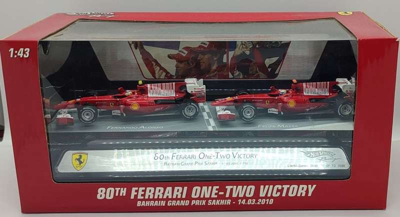**VERY RARE/AS NEW* 1/43 HW Racing Ferrari 80th 1-2 Victory Set BahrainGP 2010 Alonso-Massa (LE0686)