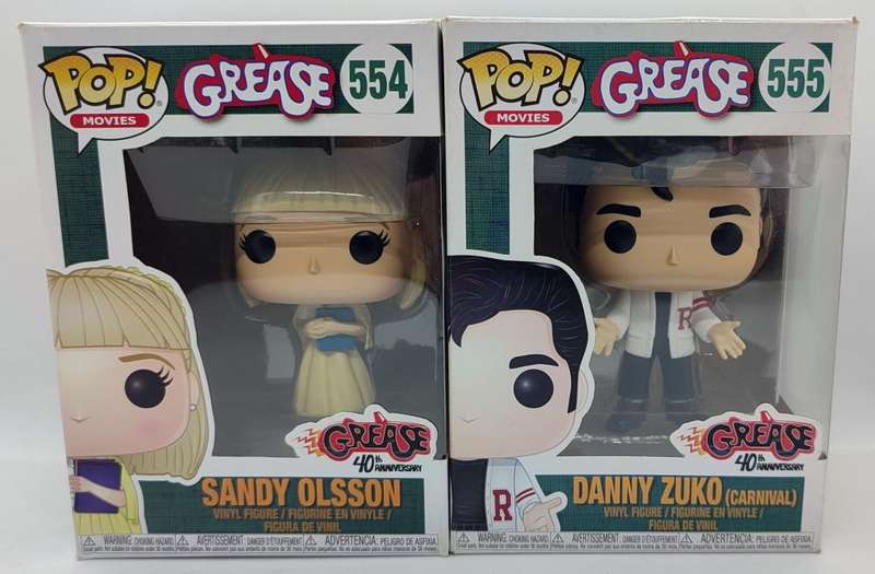 **Rare/Boxed/As New** Funko Pop Grease 40th Anniversary, #554 Sandy Olsson and #555 Danny Zuko