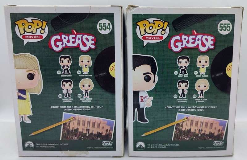 **Rare/Boxed/As New** Funko Pop Grease 40th Anniversary, #554 Sandy Olsson and #555 Danny Zuko