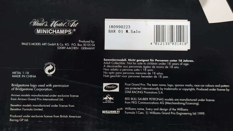 **VERY RARE & AS NEW** 1/18 Minichamps BAR Honda 01 - Mika Salo