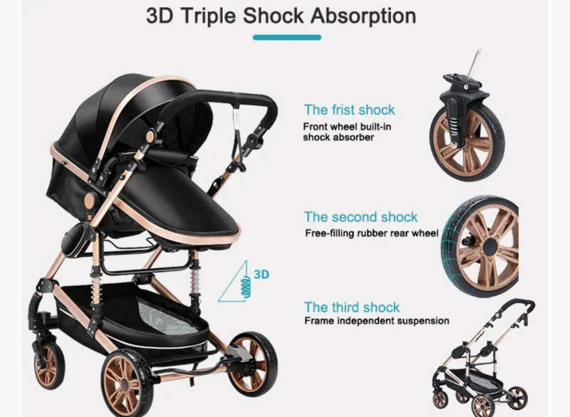 Luxury 3 in 1 Premium Foldable Aluminum Alloy Pram Anti-Shock Toddler Pushchair