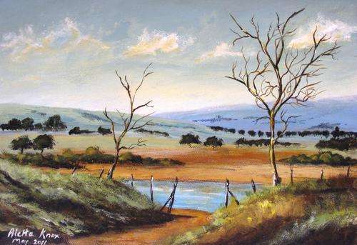 'DOWN TO THE PAN' original, unframed, acrylic on canvas by Aletta Knox 29x41cm