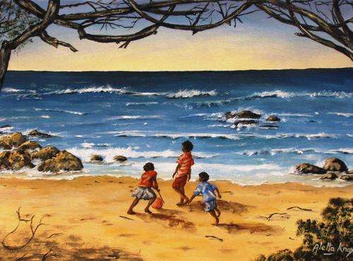 'FUN ON THE BEACH' original, signed, acrylic on canvas by Aletta Knox 59x41cms