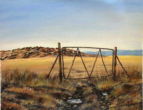 "PUDDLES AT THE GATE!" original,signed,unframed acrylic on canvas by Aletta Knox 51x41cms