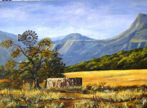 'A FARM IN BEDFORD' original,signed,unframed acrylic on canvas by Aletta Knox 59x42cms