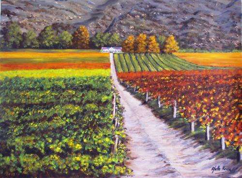 'AUTUMN ON A WINE FARM' original,signed,unframed,acrylic on canvas by Aletta Knox 60x45cms