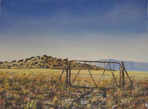 'THE OLD GATE' original,signed,unframed acrylic on canvas by Aletta Knox 45x61cms