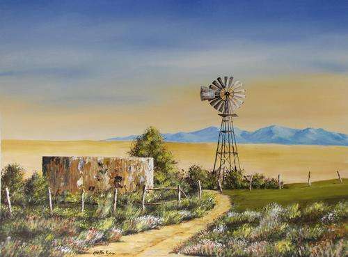 WINDMILL OVEERLOOKING GOLDEN FIELD-original, acrylic on canvas by Aletta Knox
