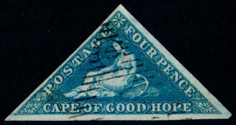 CGH 1853 Triangular. 4d Blue on White Paper. 3 good margins. Used, SACC 6a