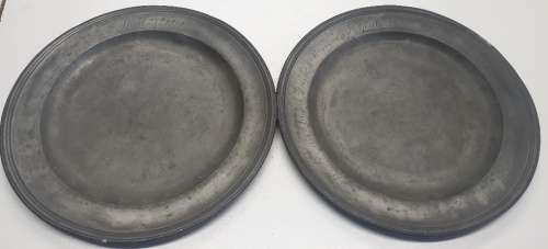 1870 Pair of Compton London Pewter plates. ( 24.5cm / 1079 grams )