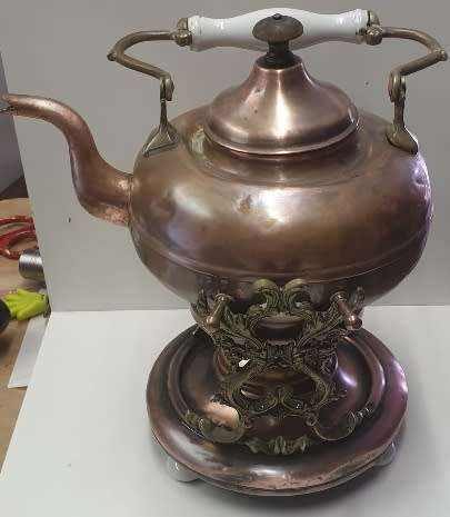 ANTIQUE COPPER & BRASS KETTLE ON STAND