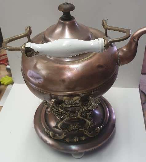 ANTIQUE COPPER & BRASS KETTLE ON STAND