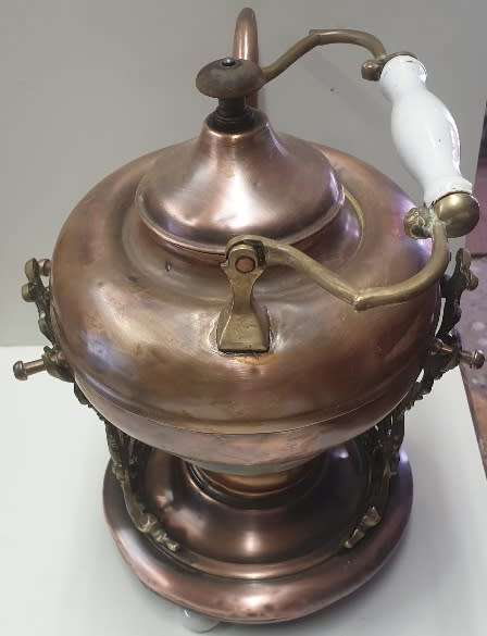 ANTIQUE COPPER & BRASS KETTLE ON STAND