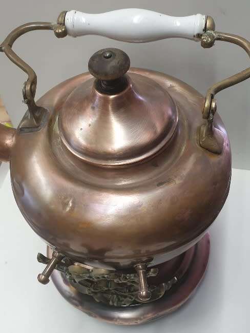 ANTIQUE COPPER & BRASS KETTLE ON STAND